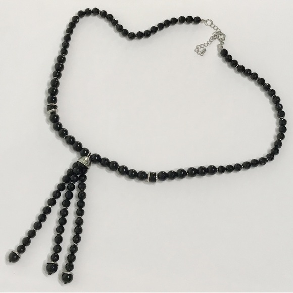 Black Faceted Chunky Fringe Tassel Beaded 1920s Flapper Victorian Necklace Onyx - Picture 4 of 10